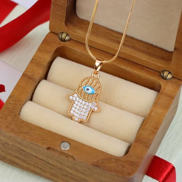 "Rose Gold Hamsa Hand Pendant with Evil Eye and Crystal Accents, XPPT1609 - Picture 3 of 13